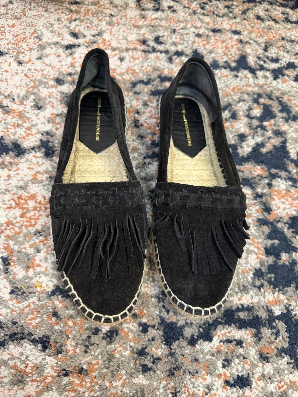 Diane von Furstenberg ‘Cadah’ Black Suede Fringe Trim Espadrilles Flats Size 9